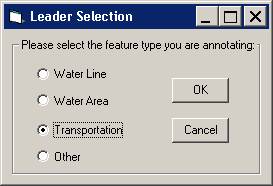 Leader Selection dialog window with Transportation feature type selected.