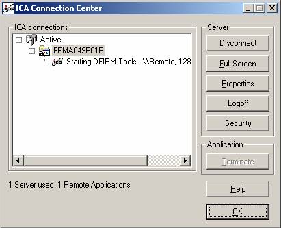 ICA Connection Center dialog window showing the existing connection.
