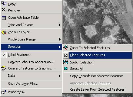 Right-click on the layer name from which a selection has been made and Clear the Selected Features
