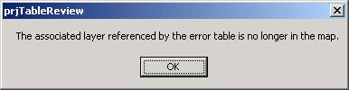 Error message displayed if you visit an error in the error table that references a layer that does not appear in the table of contents.