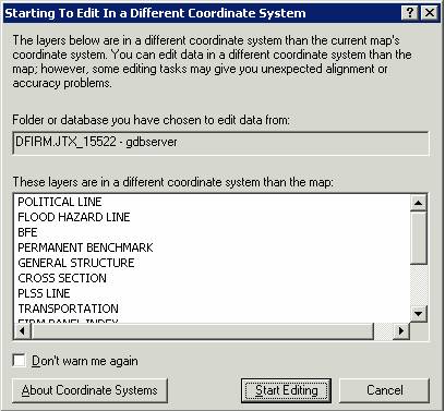 Starting to Edit In a Different Coordinate System dialog window