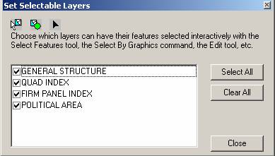 Set Selectable Layers window seen in ArcMap
