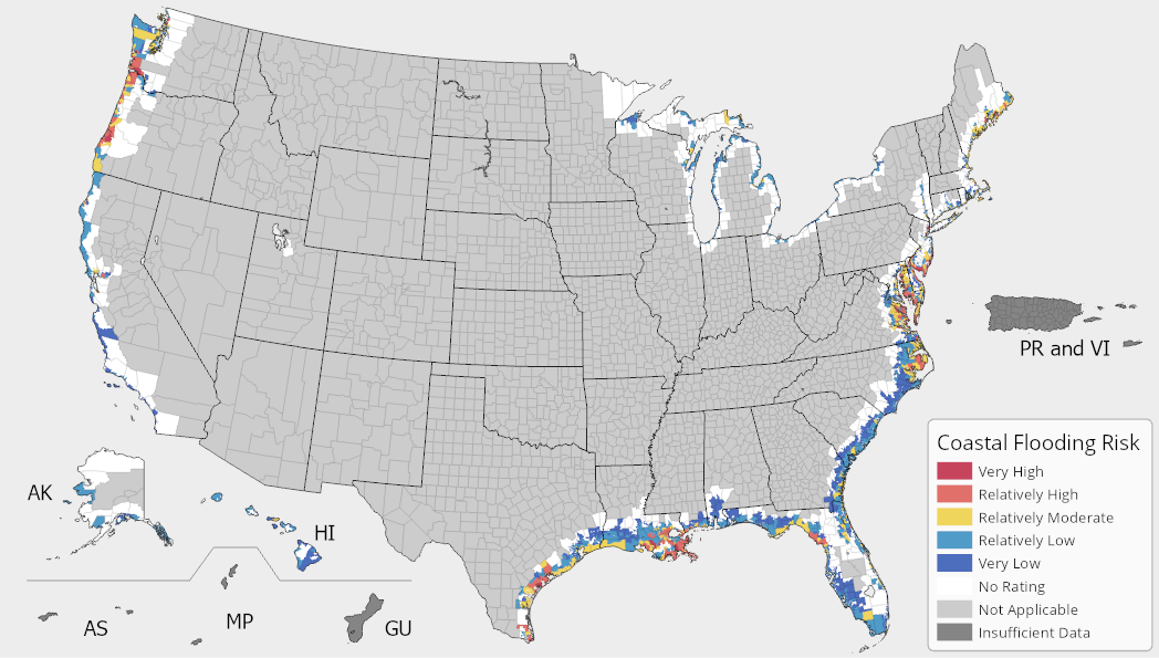 A map of the United States colored by Coastal Flooding Risk Index ratings. Coastal Flooding risk is possible all along the East and West Coast, and the Gulf of Mexico. It is most prevalent along the East Coast, the Gulf of Mexico, and the Pacific Northwest. For full results, see the National Risk Index Map webpage.