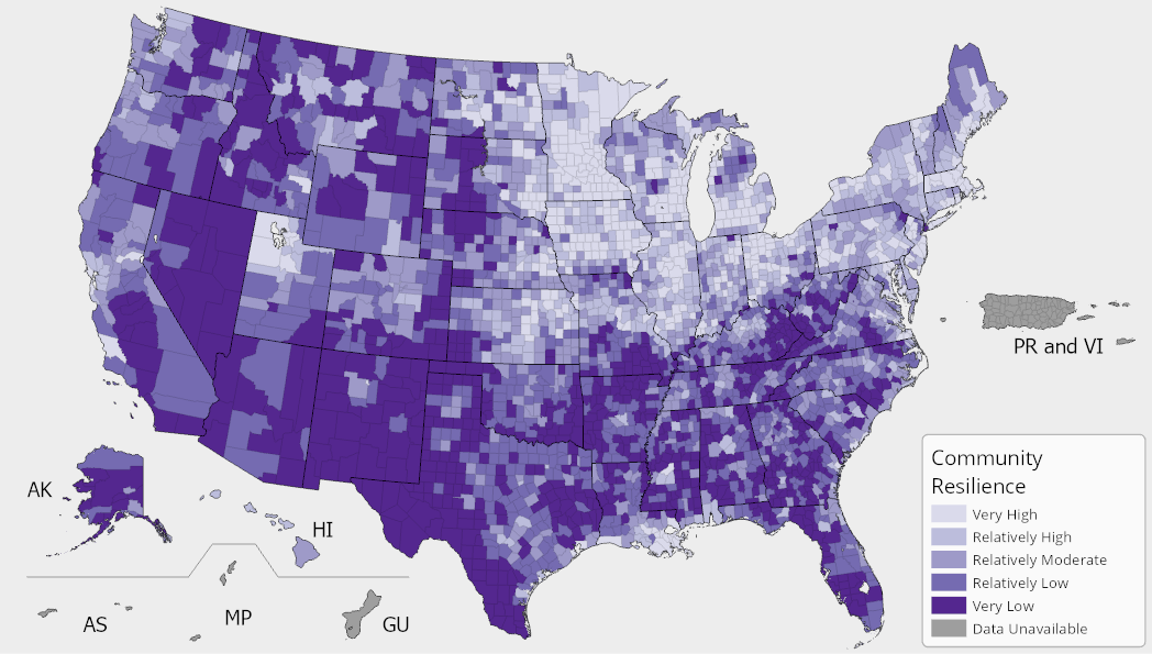 A map of the United States colored by Community Resilience ratings. For full results, see the National Risk Index Map webpage.