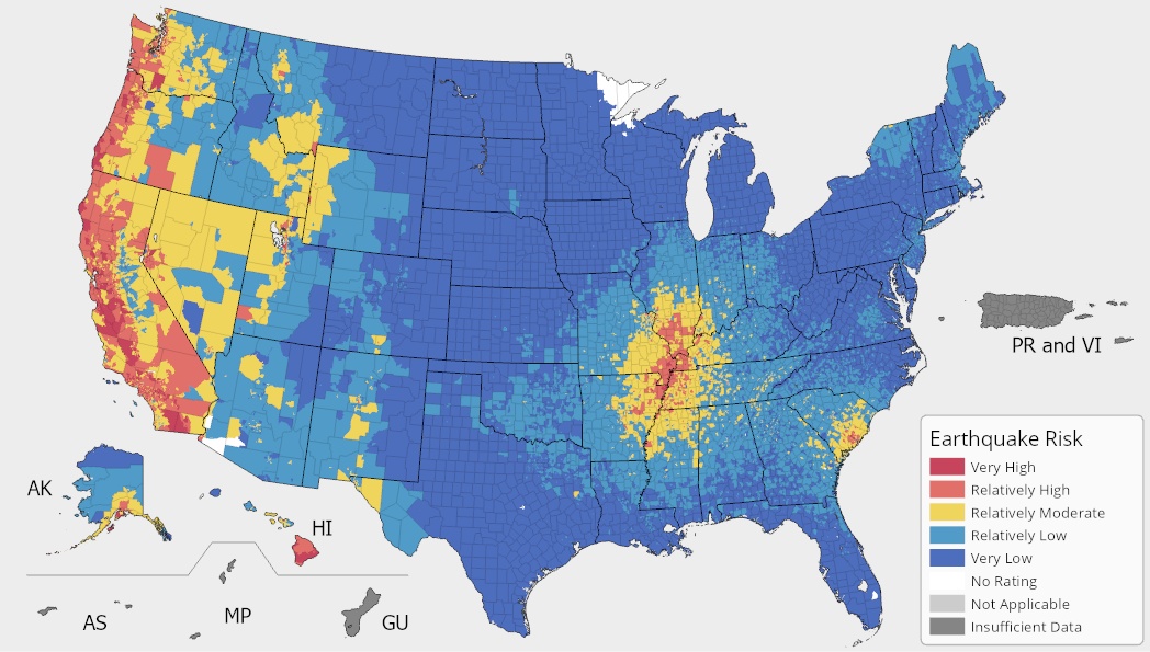 A map of the United States colored by Earthquake Risk Index ratings. Earthquake risk is possible across the United States, and is most prevalent in Hawaii, all along the West Coast, along the Mississippi River where Arkansas, Missouri, Tennessee, and Kentucky borders intersect, Alaska, northwestern Montana, western Wyoming, and southeastern South Carolina. For full results, see the National Risk Index Map webpage.