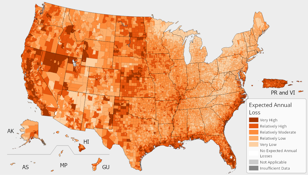 A map of the United states colored by composite Expected Annual Loss ratings. For full results, see the National Risk Index Map webpage.