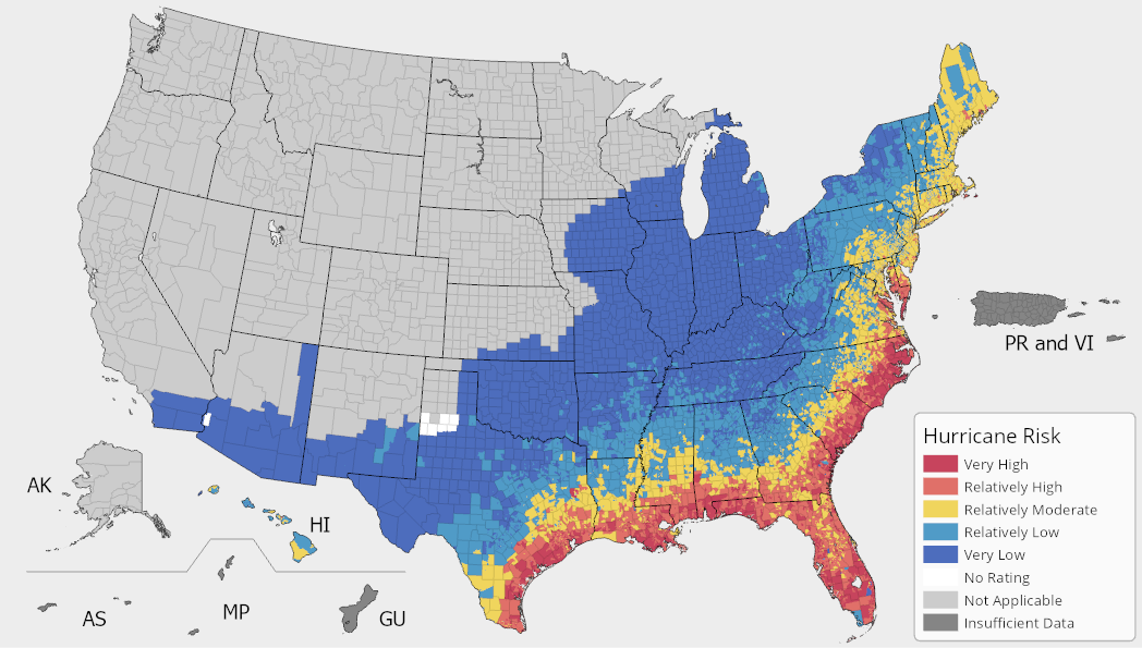 A map of the United States colored by Hurricane Risk Index ratings. Hurricane risk is possible along the East Coast and Gulf Coast, and is most prevalent in Florida, North Carolina, and along the Gulf Coast. For full results, see the National Risk Index Map webpage.