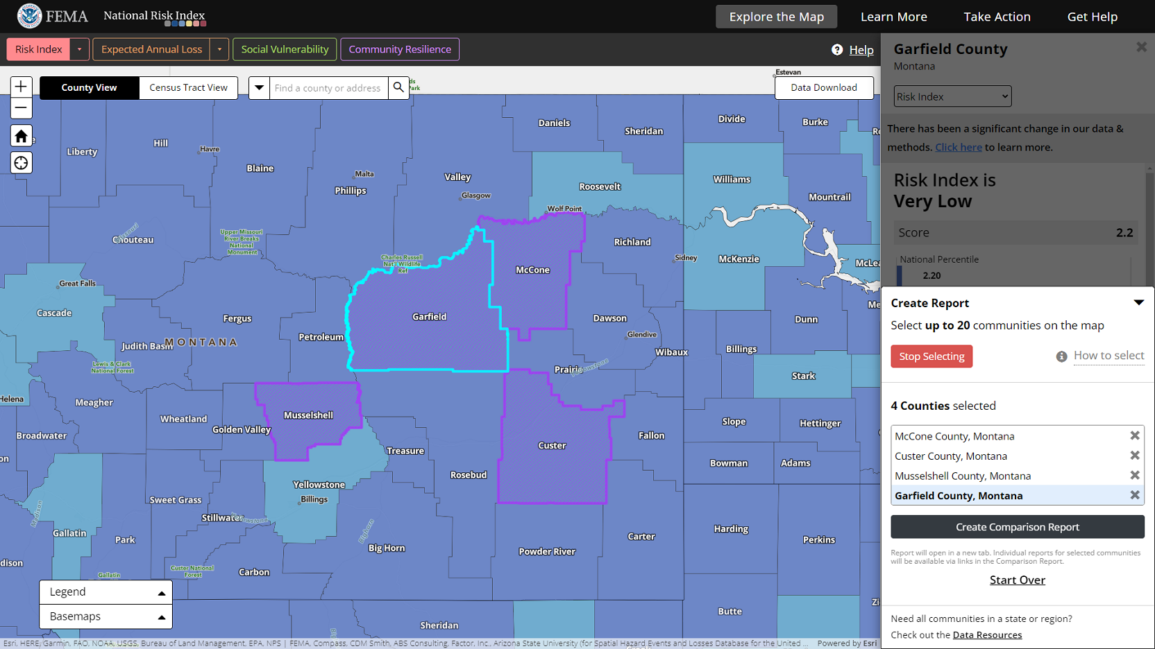 The National Risk Index Map showing the community risk comparison report creation process. Multiple counties are selected on the map, highlighted in both a cyan border and magenta crosshatch, and listed in the expanded Create Report panel. Community selection mode is on.