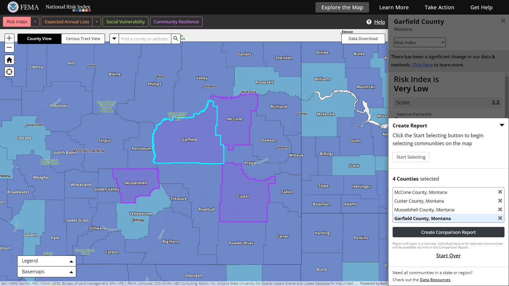The National Risk Index Map showing the community risk comparison report creation process. Multiple counties are selected on the map, highlighted in both a cyan border and magenta crosshatch, and listed in the expanded Create Report panel. Community selection mode is off.