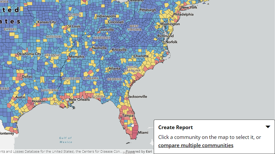 The National Risk Index Map showing the community risk profile report creation process. The Create Report panel is expanded without any communities selected.