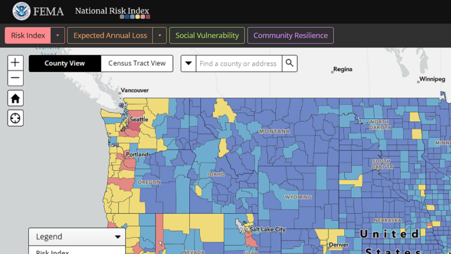 The Data Views Toggle of the National Risk Index Map that enables you to switch between the county or Census tract views of the data.