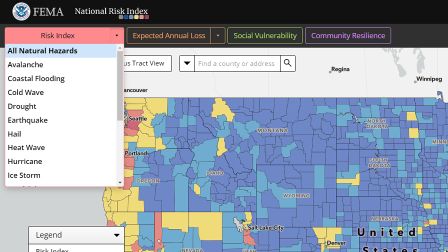 The National Risk Index Map showing the Risk Index layer options and map layer buttons for the other National Risk Index components.