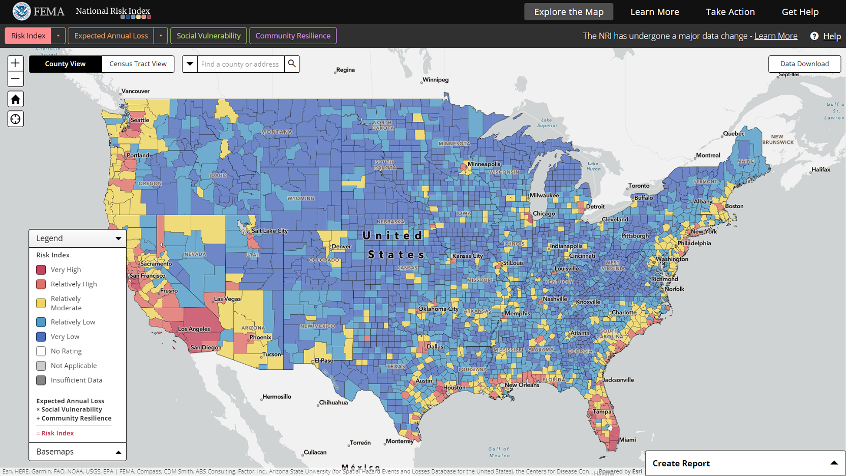 The National Risk Index Map showing the conterminous United States with the composite Risk Index layer for all hazard types.