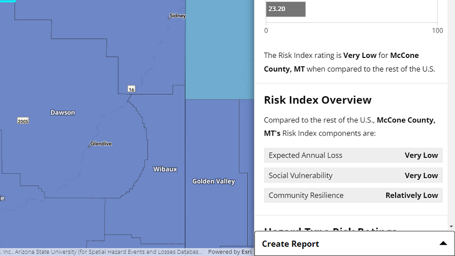 The National Risk Index Map with the Information Panel open and the collapsed Create Report panel.